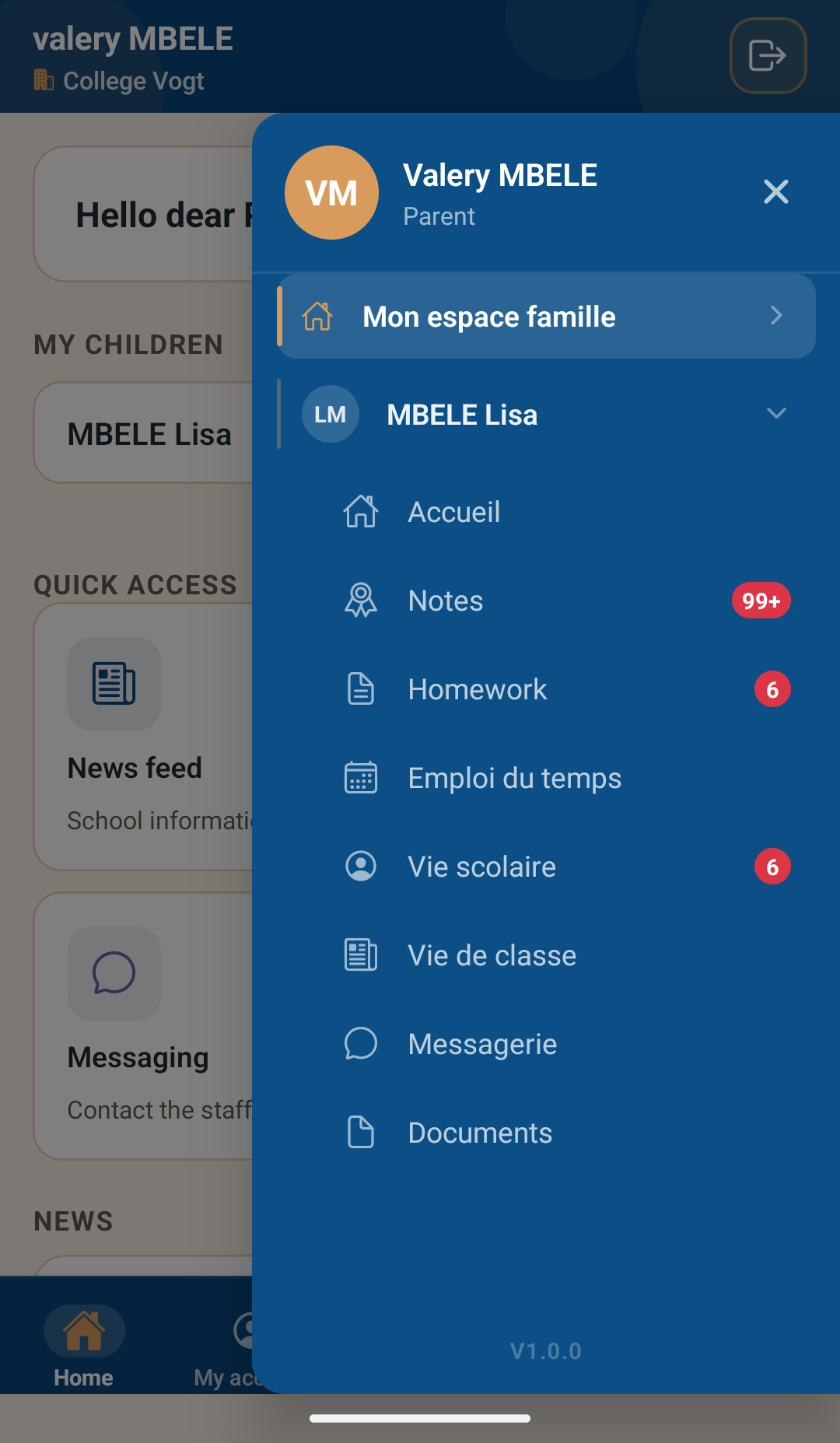 Menu de navigation de l'application mobile Scolive